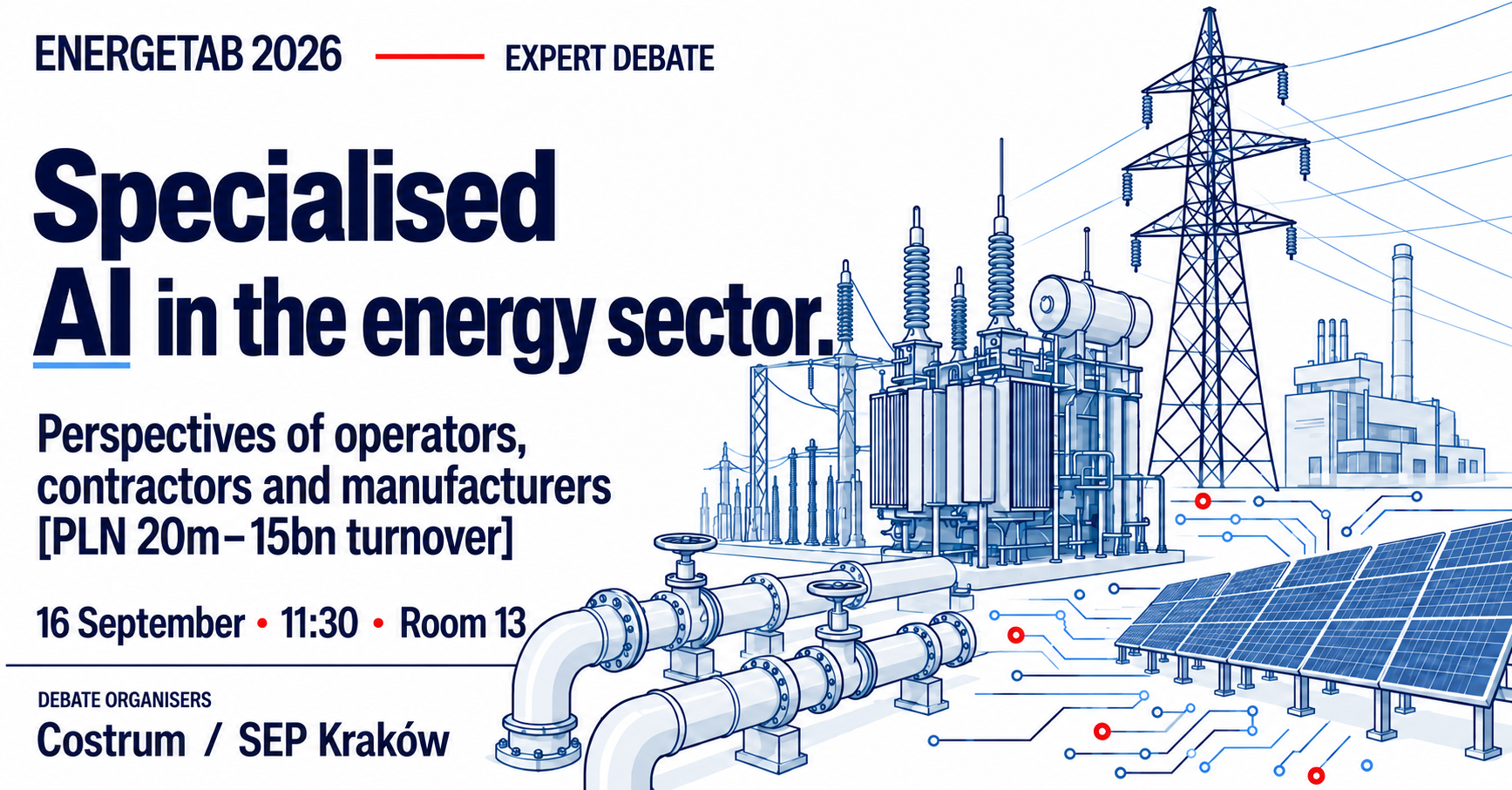 ENERGETAB 2026 expert debate poster showing power infrastructure and the title Specialised AI in the energy sector